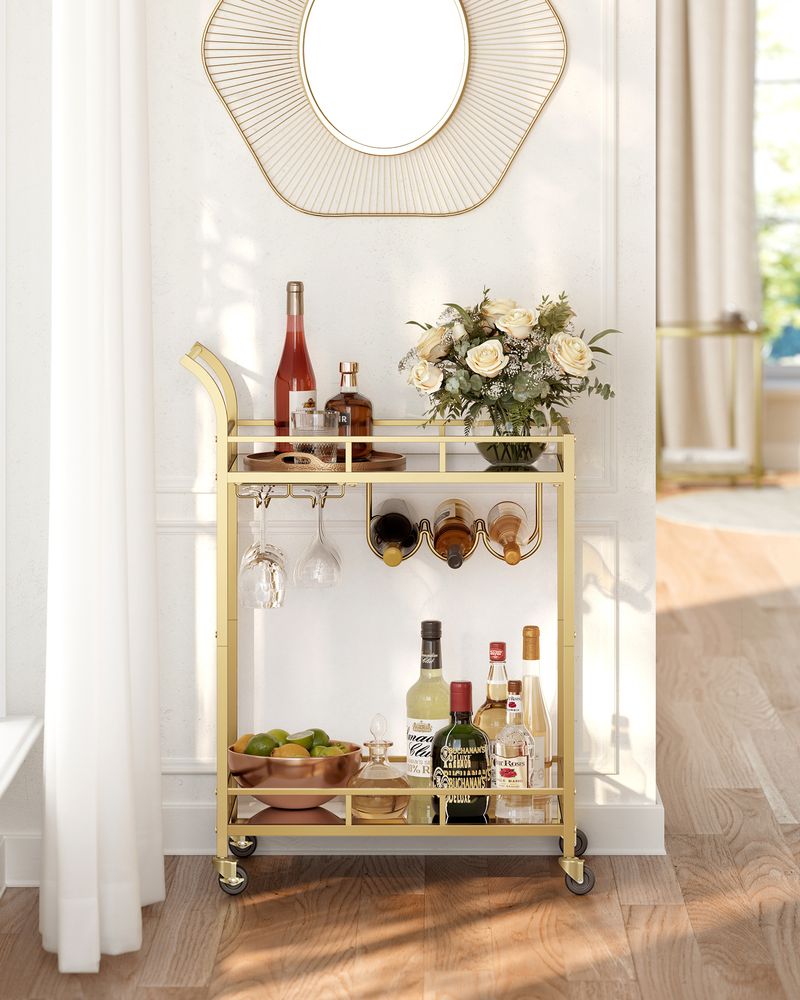 Nancy's Redcar Keukentrolley Goud - Serveerwagen - Bartrolley - Modern - Staal - Spiegelglas - 46,8 x 30 x 92 cm