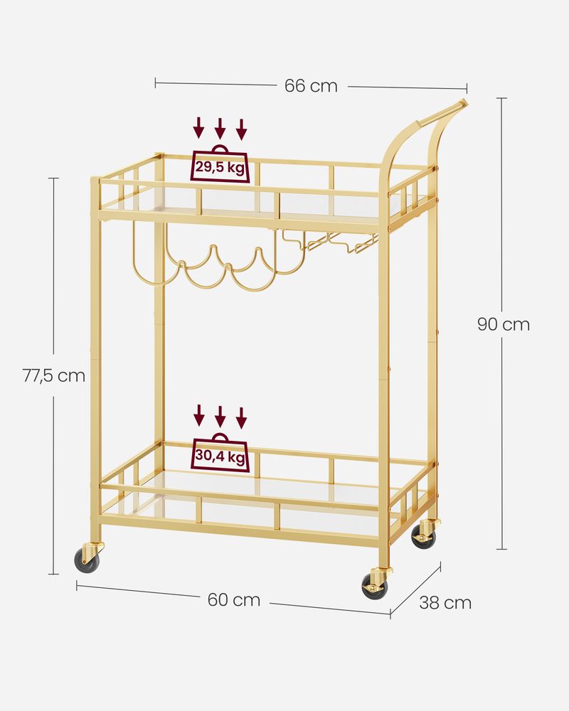 Nancy's Totton Keukentrolley Goud - Serveerwagen - Bartrolley - Modern - Staal - 60 x 38 x 90 cm