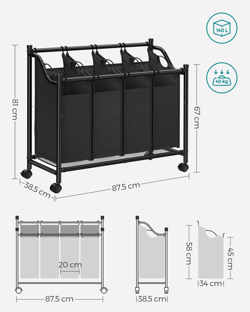 Nancy's Carnaxide Wassorteerder - Wasmand - Wasbox - Zwart - 4 x 35 Liter
