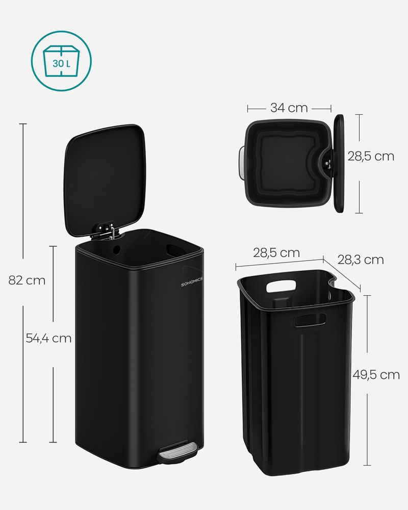 Nancy's Monzuno Pedaalemmer - Prullenbak - Afvalbak - Zwart - 30 Liter