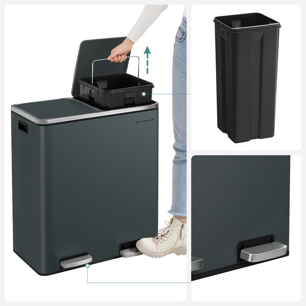 Nancy's Cooley Trash bin - Pedal bin - Waste separation - 2 x 30 L - Soft close - Inner bin - Plastic - Steel - Smoke gray - 58.5 x 32 x 54.5 cm