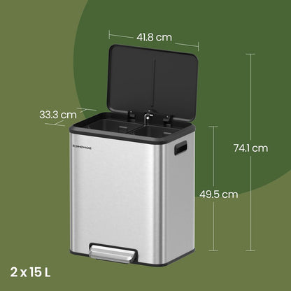 Nancy's Mordano Afvalscheiding Prullenbak - Afval scheiden - Afvalbak - Pedaalemmer - Metallic Zilver - 2 x 15 Liter