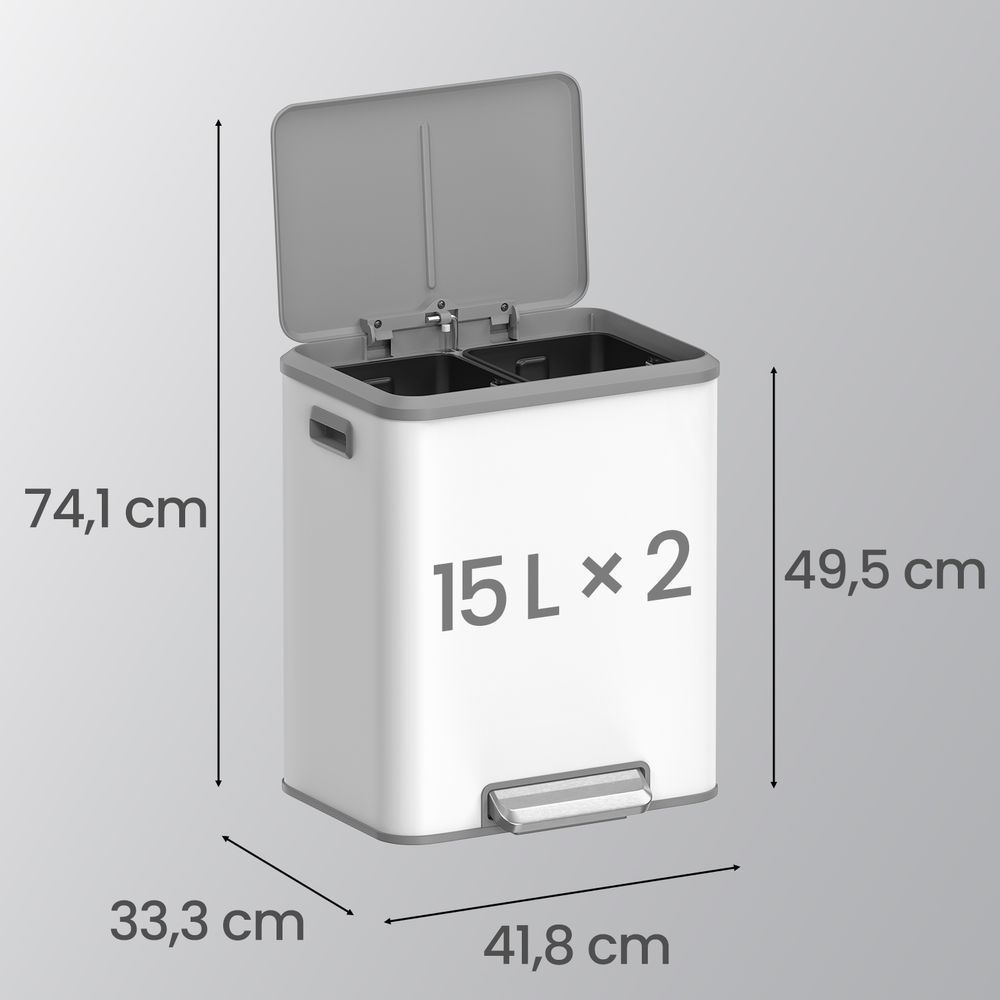 Nancy's Mordano Afvalscheiding Prullenbak - Afval scheiden - Afvalbak - Pedaalemmer - Wit - 2 x 15 Liter