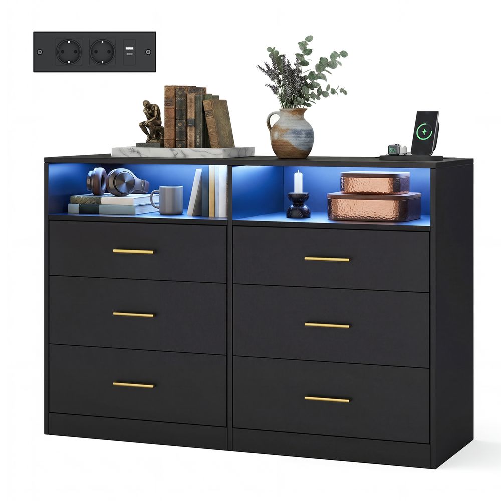 Nancy's Strongoli Commode - Ladekast - Opbergkast - LED-Verlichting - Zwart - ± 120 x 40 x 80 cm