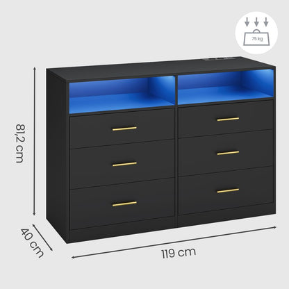 Nancy's Strongoli Commode - Ladekast - Opbergkast - LED-Verlichting - Zwart - ± 120 x 40 x 80 cm