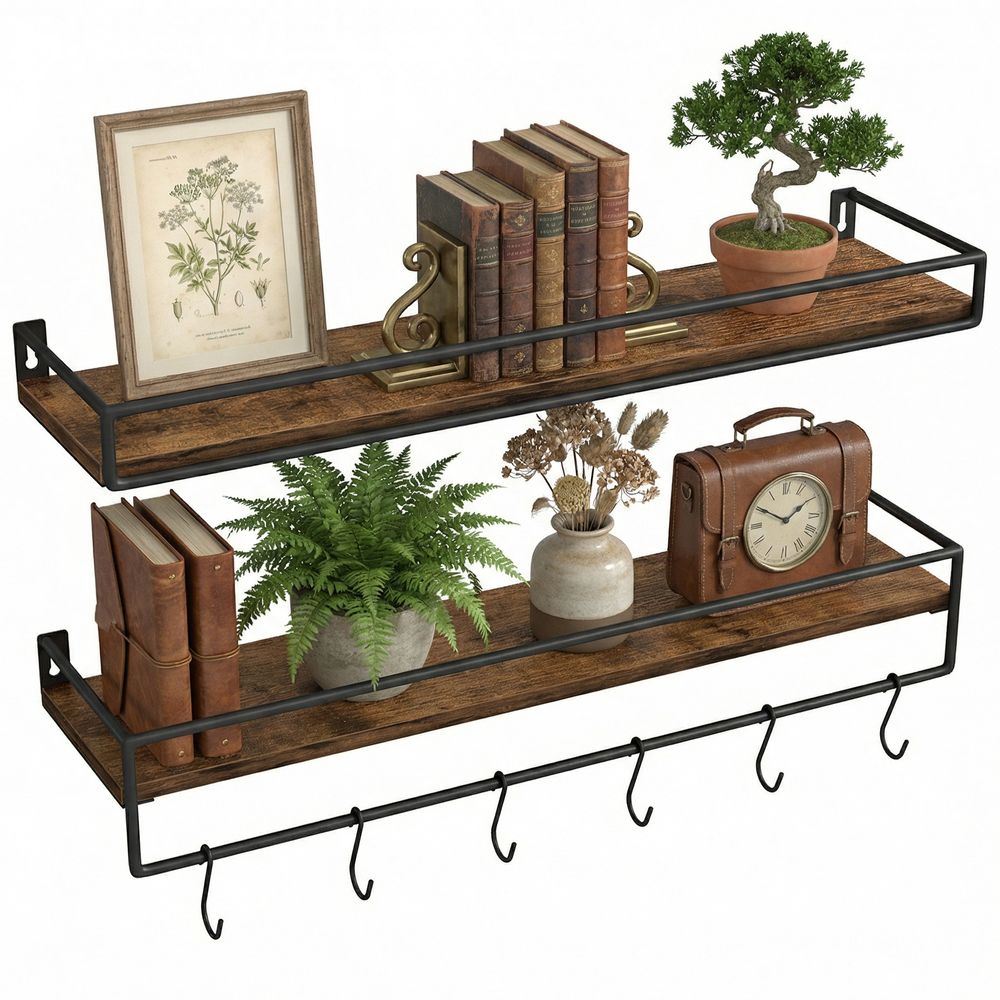 Nancy's Stromboli Wandplanken - Set van 2 - Wandrekken - Industrieel - Bruin / Zwart