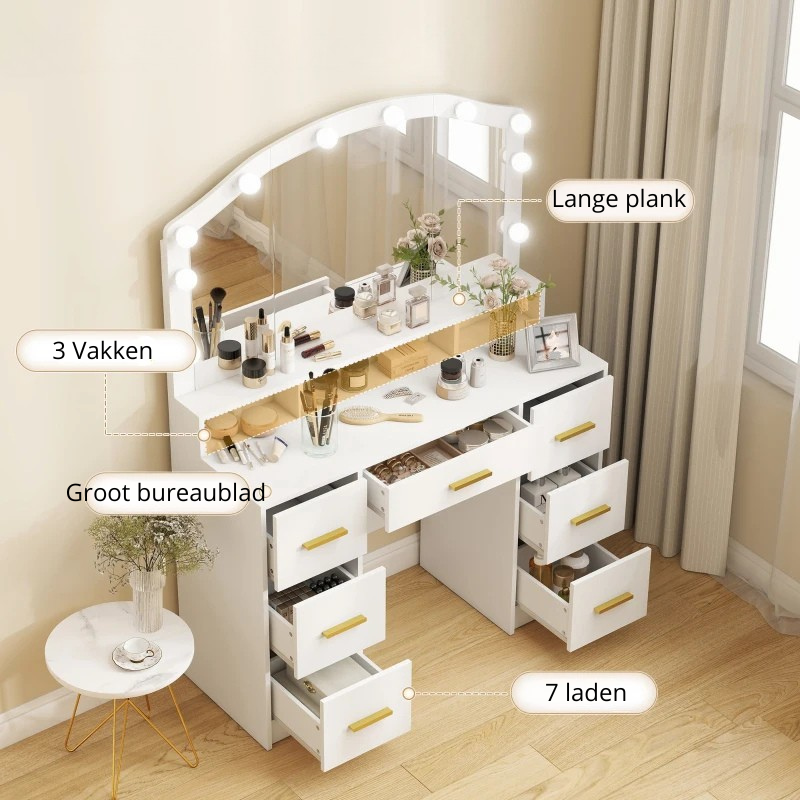 Nancy's Piobbico Kaptafel - Make Up Tafel - Hollywood Spiegel - Wit - 110 x 40 x 150 cm