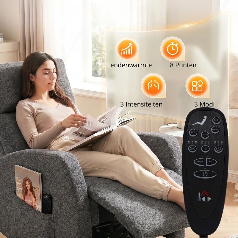 Nancy's Spiazzo Massagestoel - Relaxfauteuil - Draaibaar - Schommelfunctie - Vibratie + Warmte - Donkergrijs - Chenille