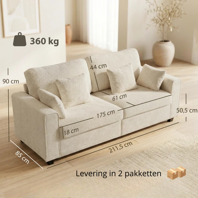 Nancy's Semogo 3-Zitsbank - Woonkamerbank - Zitbank - Beige - Fluweel - ± 210 x 85 x 90 cm