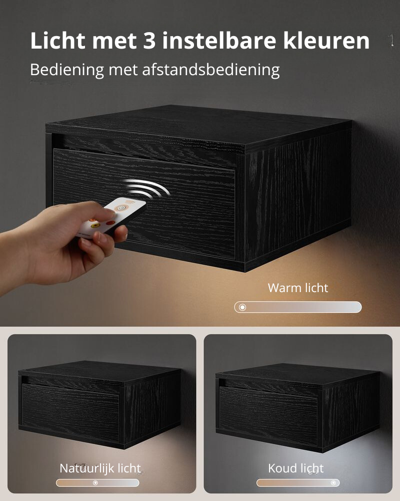 Nancy's Bova Nachtkastjes Set van 2 - Zwevende Llades - Met verlichting in 3 kleuren - Zwart - ± 40 x 35 x 20 cm