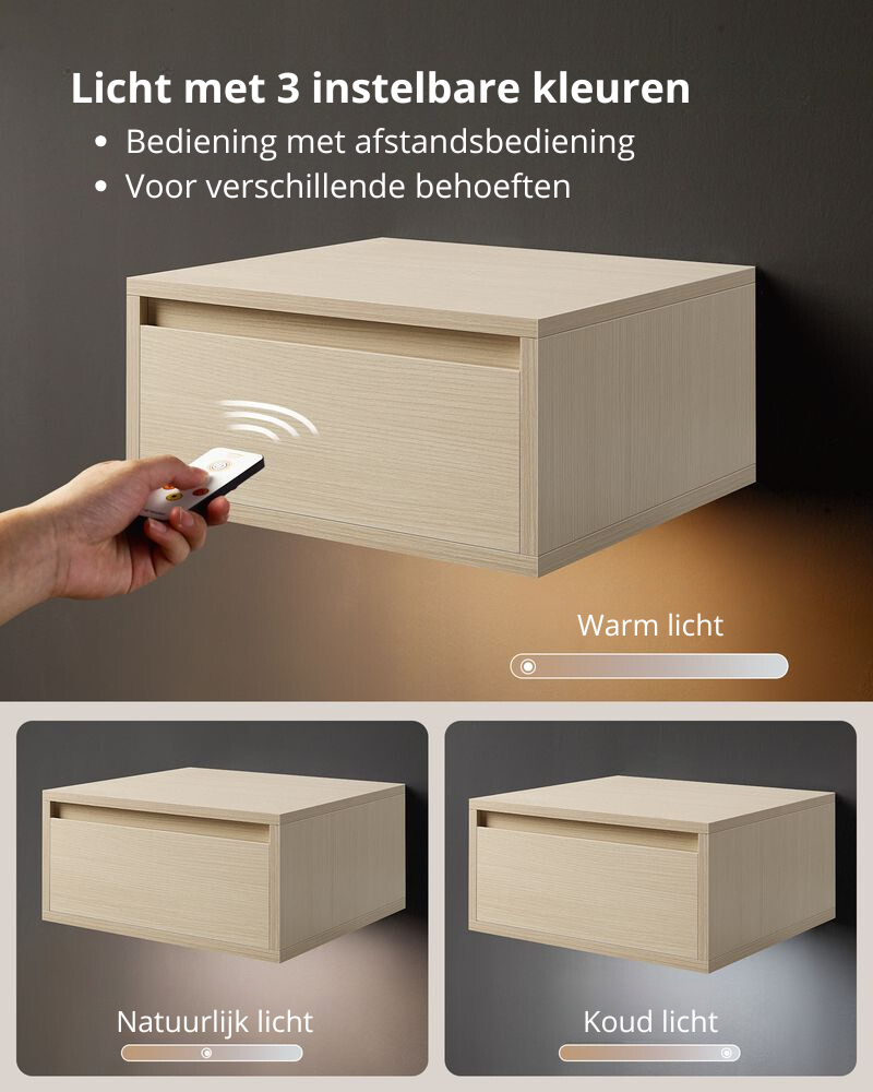 Nancy's Bova Nachtkastjes Set van 2 - Zwevende Lades - Met verlichting in 3 kleuren - Beige - ± 40 x 35 x 20 cm 