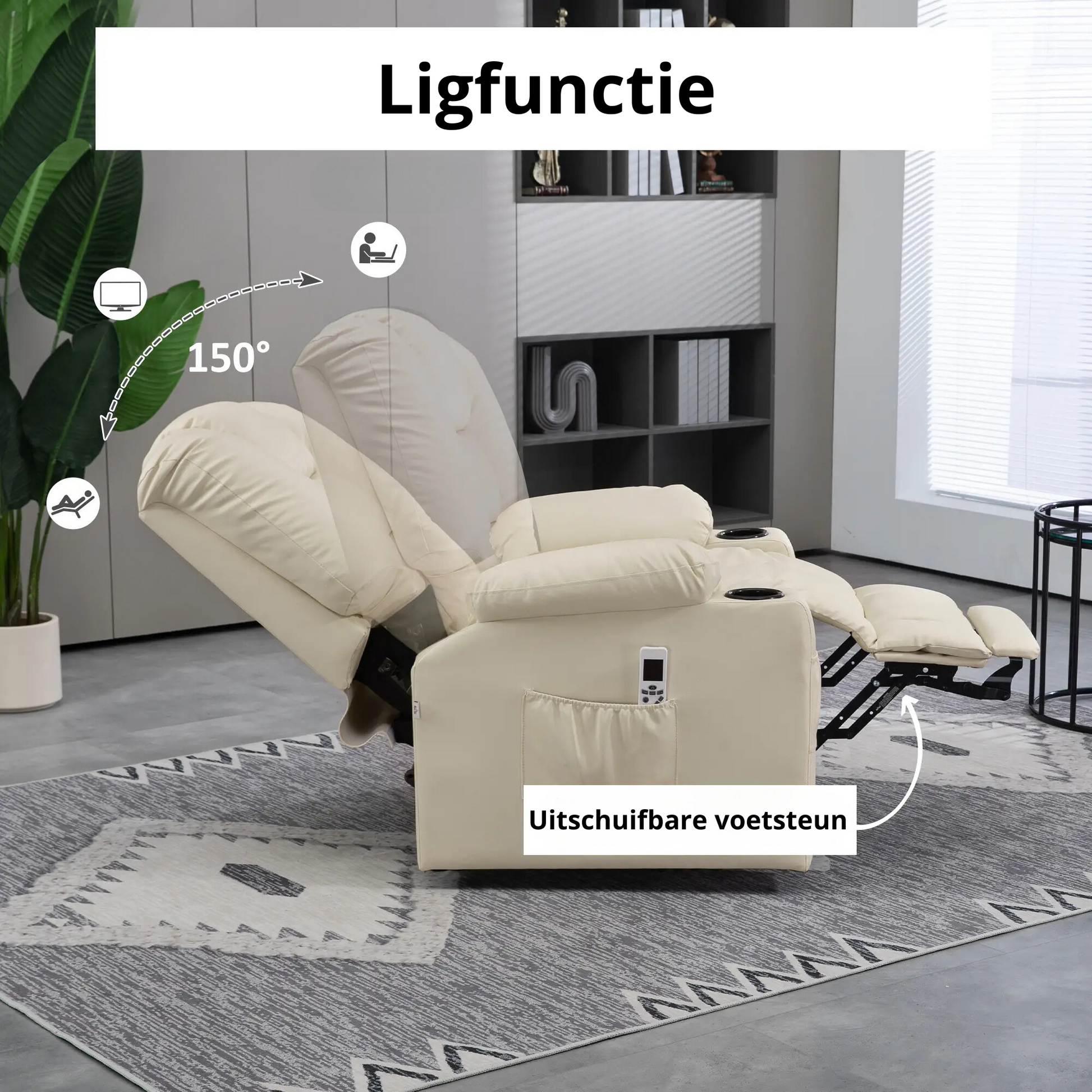 Nancy's Ligares Sta op stoel - Opsta stoel - Seniorenstoel - Massagestoel - Relaxfauteuil - Roomwit - Kunstleer