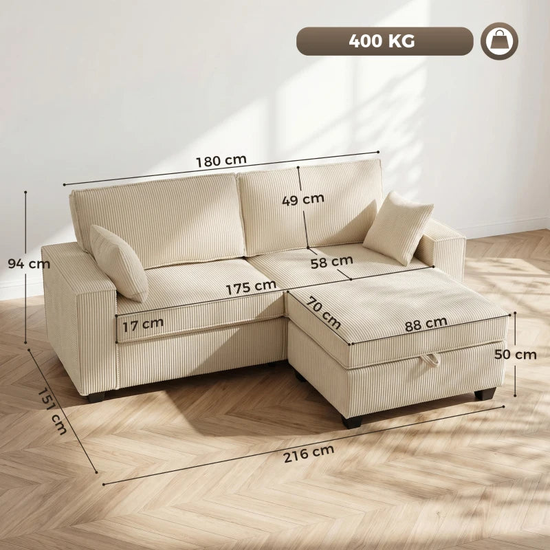 Nancy's Terlizzi Hoekbank - Flexibele Opbergpoef - Ruimte zitting - Beige - Corduroy - ± 215 x 150 x 95 cm