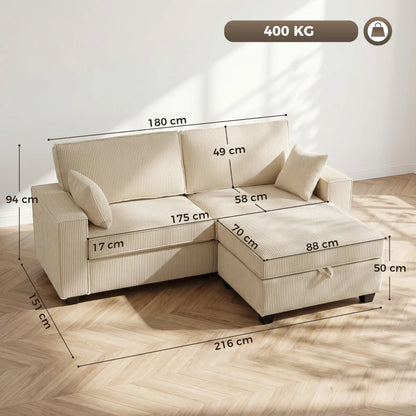 Nancy's Terlizzi Hoekbank - Flexibele Opbergpoef - Ruimte zitting - Beige - Corduroy - ± 215 x 150 x 95 cm