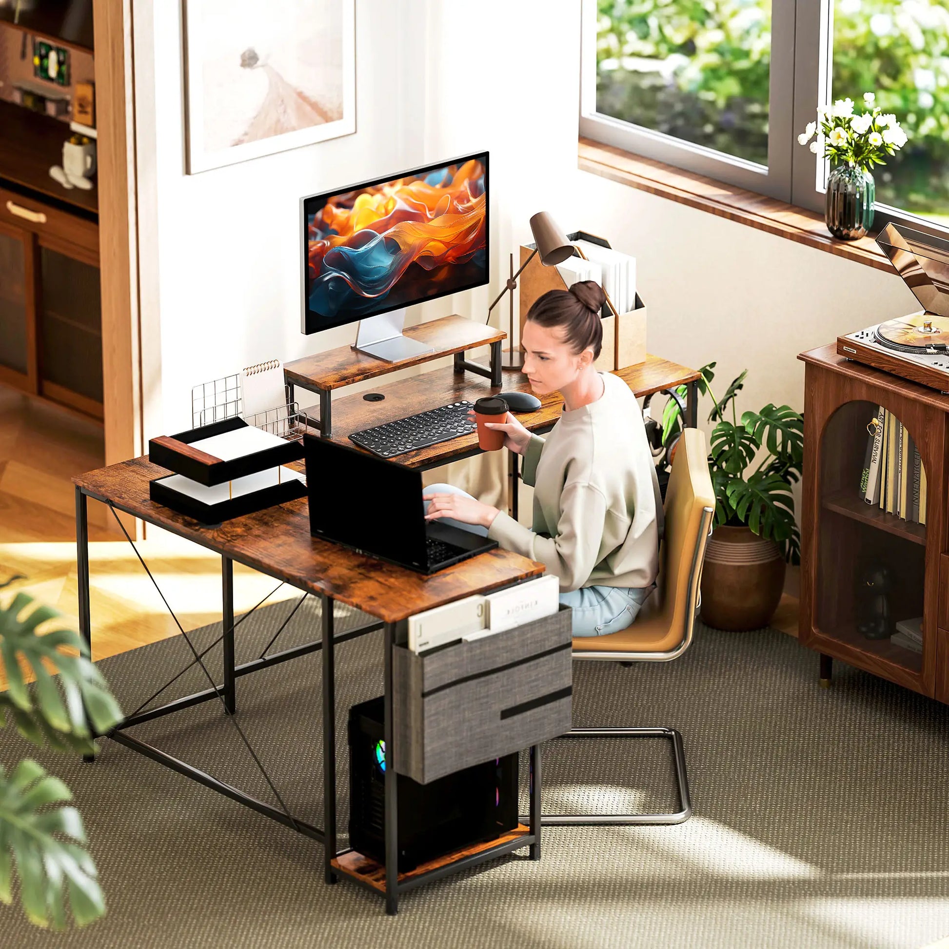 Nancy's Palmeira Bureau - Computertafel - L-vormig - Veelzijdig bureau met verstelbare planken - Monitorstandaard - Bruin