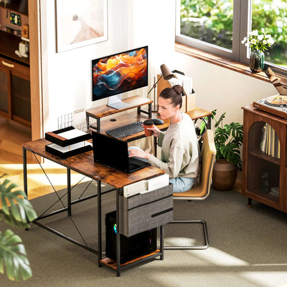 Nancy's Palmeira Bureau - Computertafel - L-vormig - Veelzijdig bureau met verstelbare planken - Monitorstandaard - Bruin