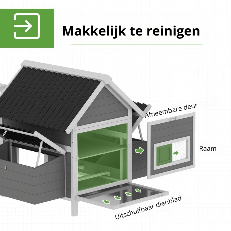 Nancy's Piverone Kippenhok - Kippenren - Wit / Grijs / Zwart - Dennenhout - ± 280 x 135 x 110 cm