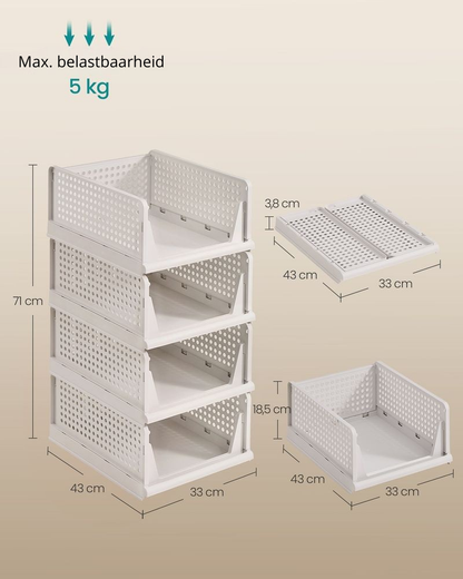 Nancy's Piatto Organizers - Opbergmanden - Stapelbaar - Set van 4 - Wit - ± 45 x 35 x 20 cm