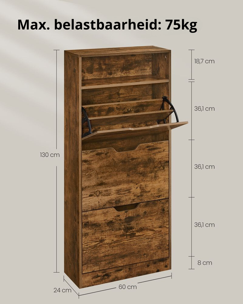 Nancy's Brenzone Schoenenkast - Schoenenrek - Vintage Bruin - ± 60 x 25 x 140 cm