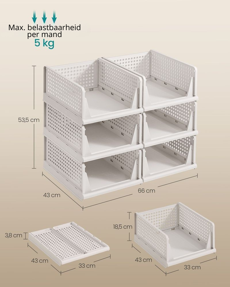 Nancy's Piazzolo Organizers - Opbergmanden - Stapelbaar - Opvouwbaar - Set van 6 - Wit - ± 45 x 35 x 20 cm
