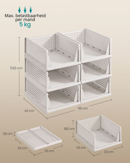Nancy's Piazzolo Organizers - Opbergmanden - Stapelbaar - Opvouwbaar - Set van 6 - Wit - ± 45 x 35 x 20 cm
