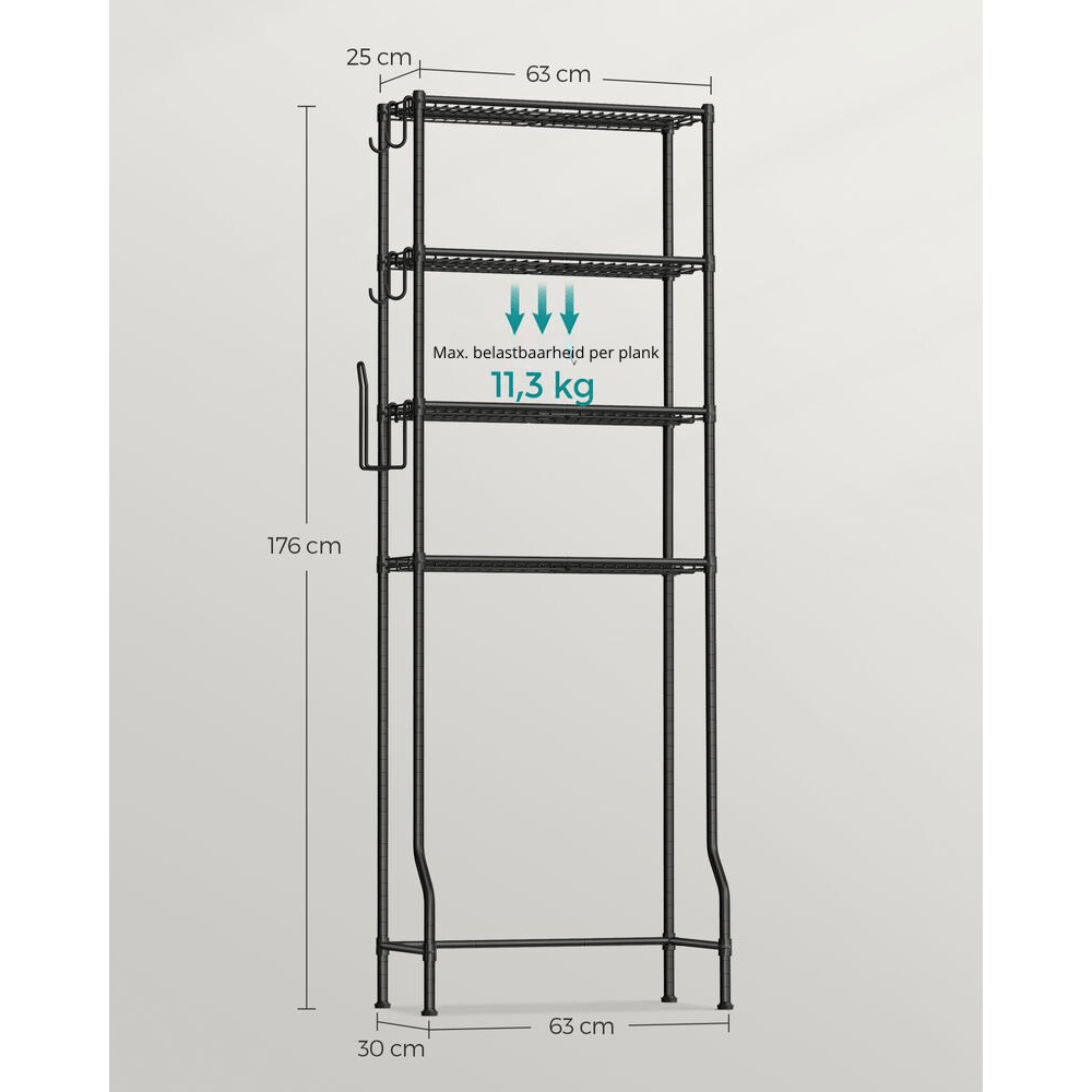 Nancy's Bentivoglio Toiletkast - Toilet Meubel - Badkamerrek - Wasmachinerek - Zwart - Staal - ± 60 x 30 x 175 cm