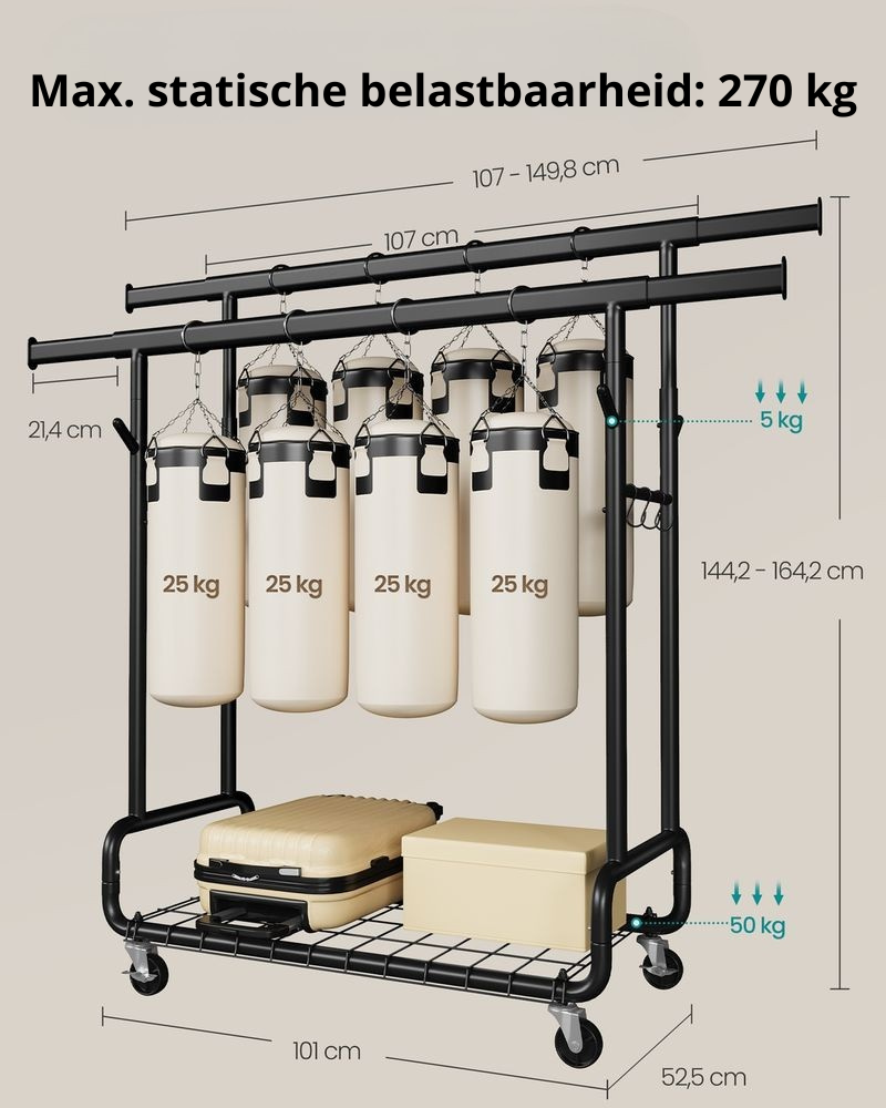 Nancy's Pienza Kledingrek - Dubbele Kledingstang - Garderoberek - Zwart - Staal