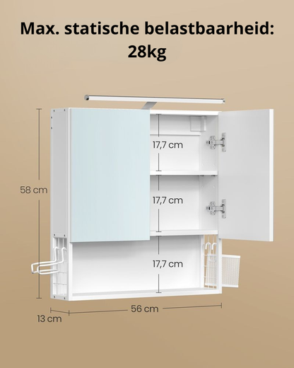 Nancy's Tesimo Spiegelkast - Badkamerkast - Badkamerspiegel - Wit - 56 x 13 x 58 cm