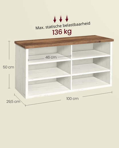 Nancy's Offagna Schoenenkast - Schoenenrek - Opbergkast voor schoenen - Vintagewit / Honingbruin - ± 100 x 30 x 50 cm