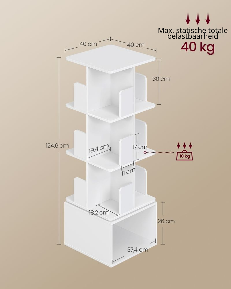 Nancy's Poviglio Boekenkast - Opbergkast - Opbergrek - 360° Draaibaar - Wit - ± 40 x 40 x 125 cm