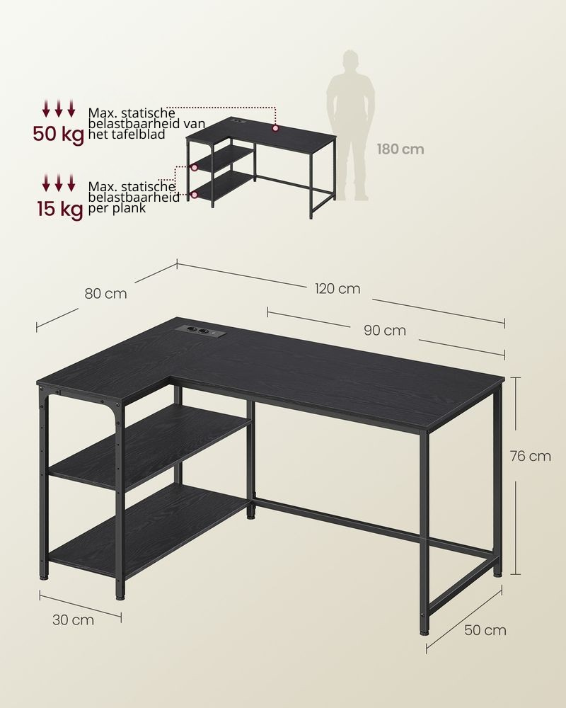 Nancy's Prali Hoekbureau - L-vormig Bureau - Geïntegreerde stekkerdoos - Zwart - Staal - ± 120 x 80 x 75 cm