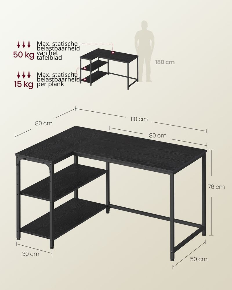 Nancy's Pralormo Hoekbureau - L-Vormig Bureau - Flexibele opbergruimte - Zwart - ± 110 x 80 x 75 cm