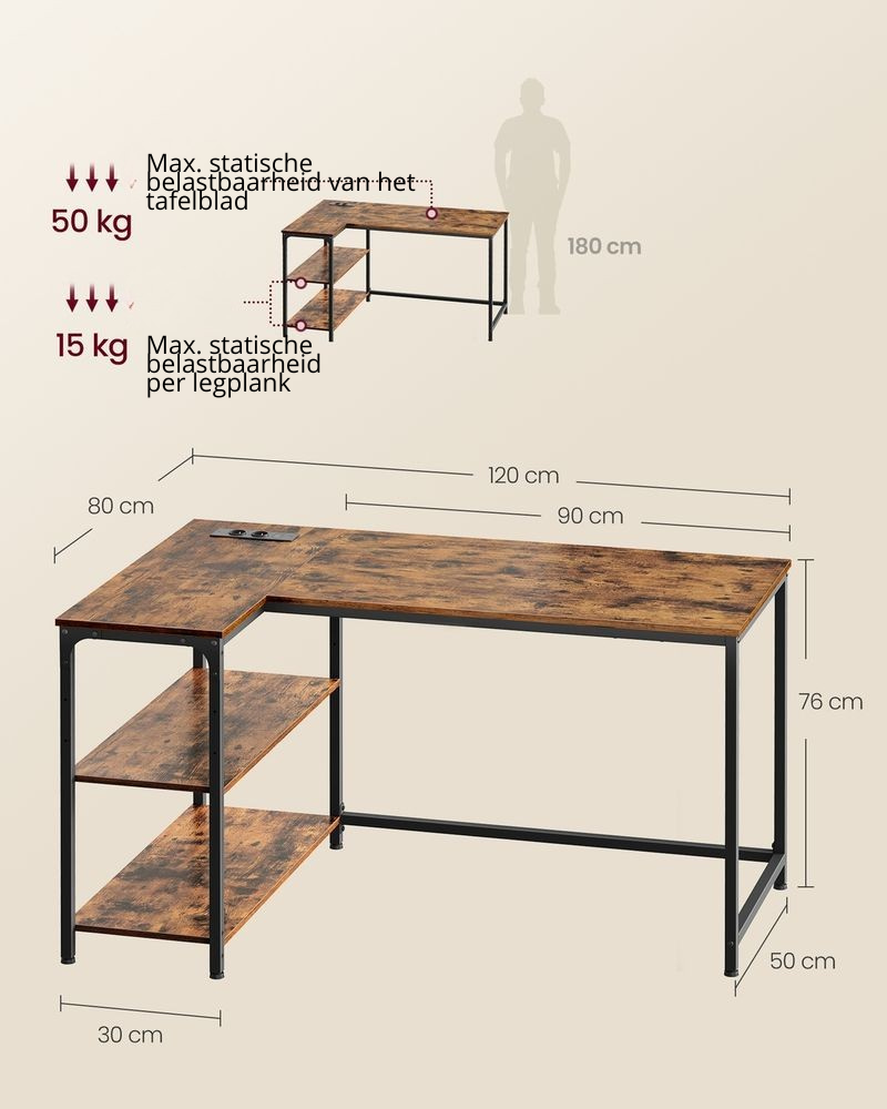Nancy's Pralungo Hoekbureau - L-Vormig Bureau - Geïntegreerde stekkerdoos - Bruin - ± 120 x 80 x 75 cm