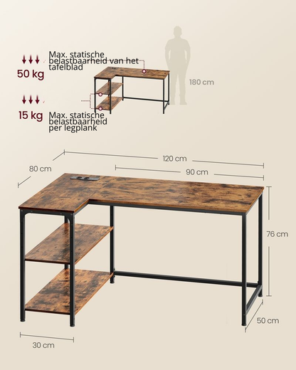 Nancy's Pralungo Hoekbureau - L-Vormig Bureau - Geïntegreerde stekkerdoos - Bruin - ± 120 x 80 x 75 cm