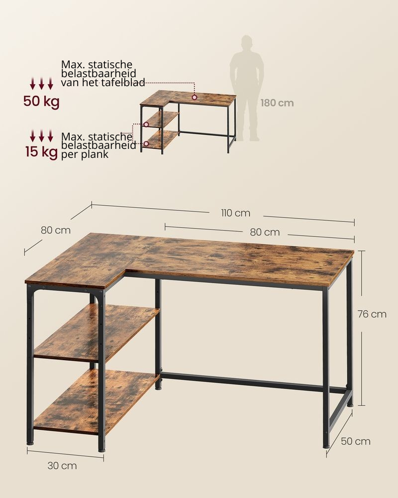 Nancy's Preci Hoekbureau - L-Vormig Bureau - Flexibele Opbergruimte - Bruin - ± 110 x 80 x 75 cm