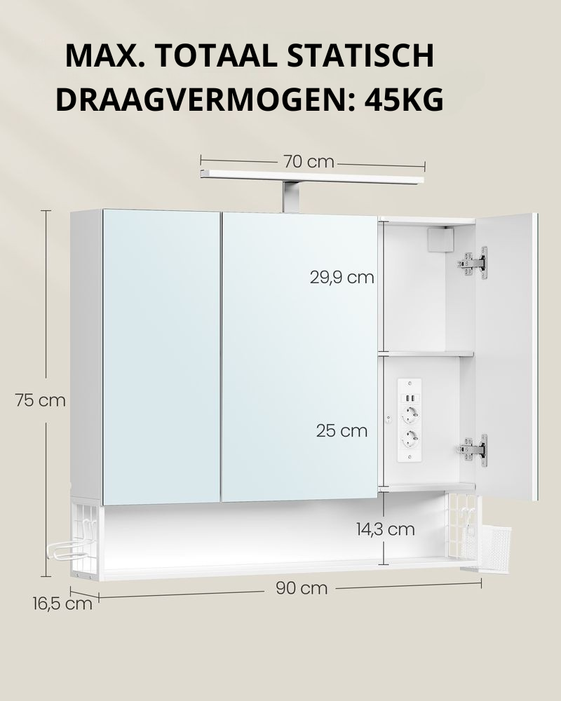 Nancy's Graça Spiegelkast met Verlichting - Badkamerspiegel met opbergkast - Badkamerkast met Spiegel - Wit - ± 90 x 15 x 75 cm