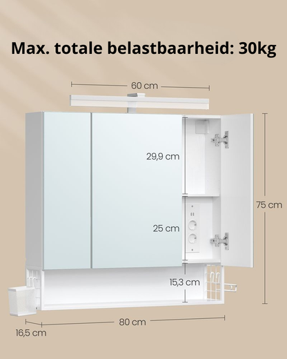 Nancy's Tesidio Spiegelkast - Badkamerkast - Badkamerspiegel - Wit - 80 x 16,5 x 75 cm