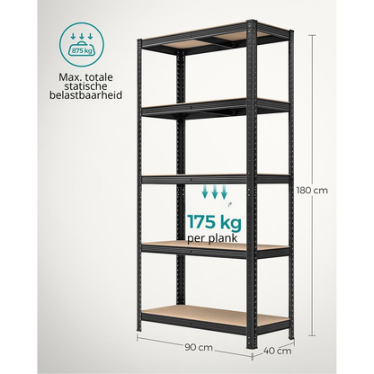 Nancy's Stenico Stellingkast Set van 2 - Opbergrek - Opbergkast - Stellingrek - Zwart - Staal - 90 x 40 x 180 cm