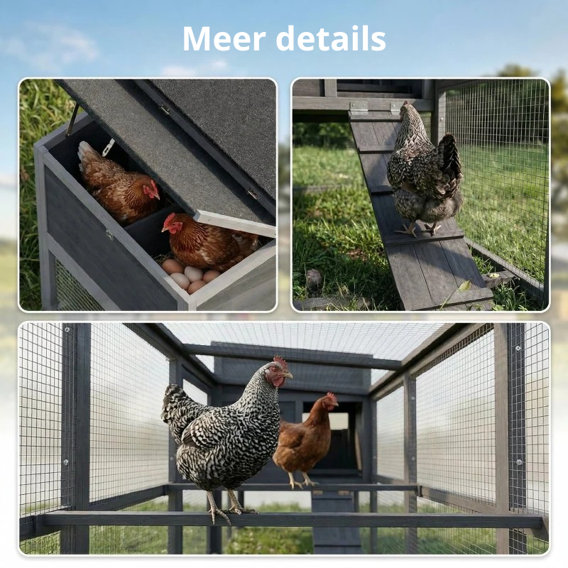 Nancy's Sona Kippenhok - Kippenren - Waterdicht Dak - Moeiteloze Reiniging - Grijs - Dennenhout - ± 265 x 80 x 90 cm