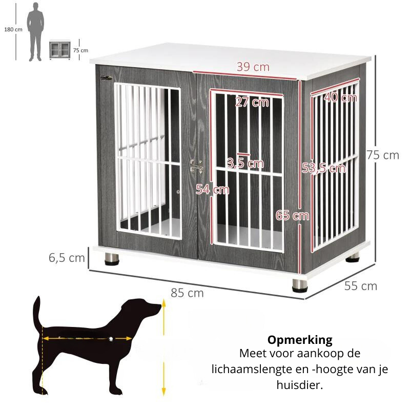 Nancy's Aprica Hondenbench - Hondenhok - Honden Transportbox - Grijs / Wit - 85 x 55 x 75 cm