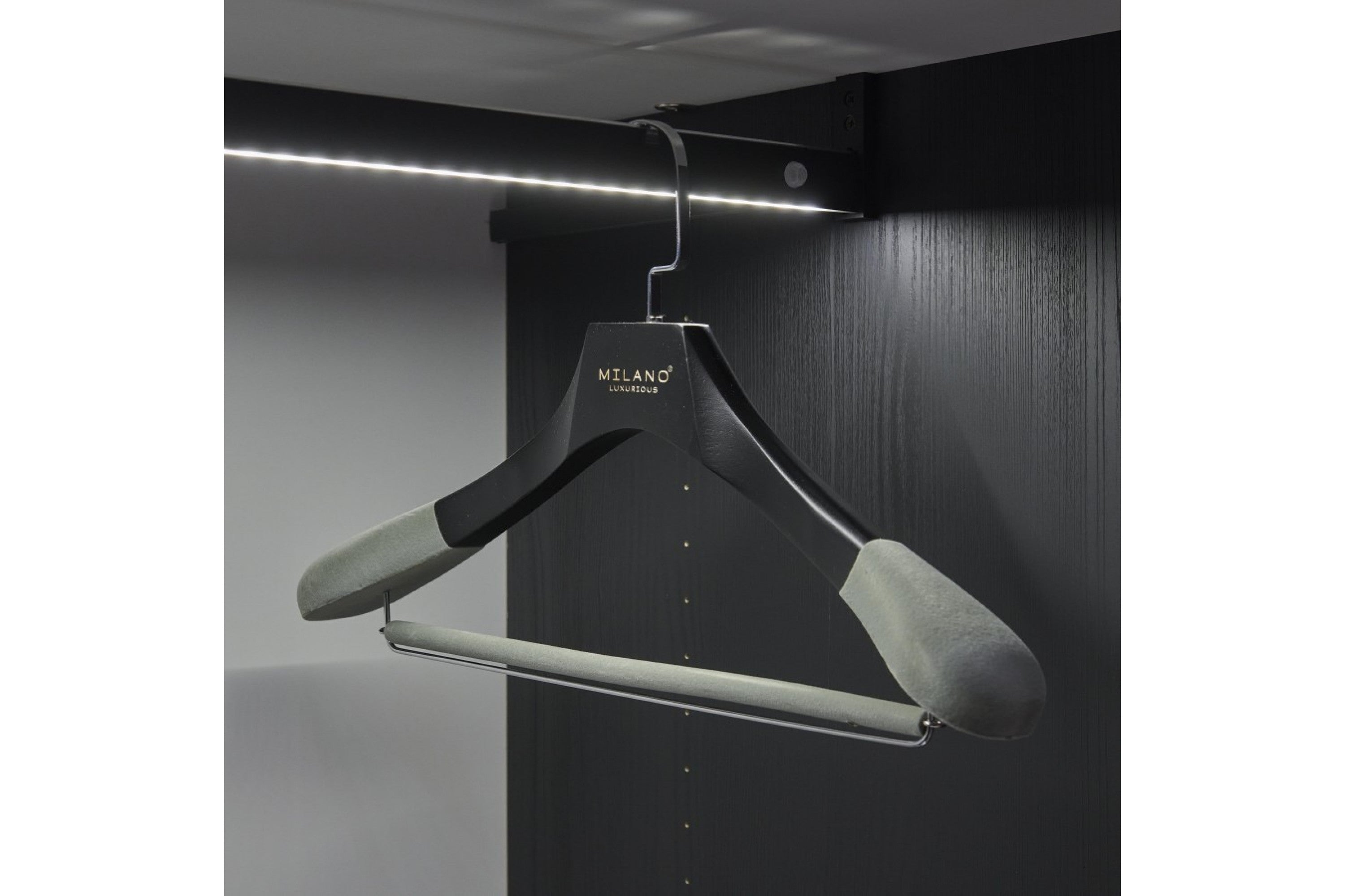 Milano Luxurious Chic gray velvet clothes hanger with trouser bar and black hook