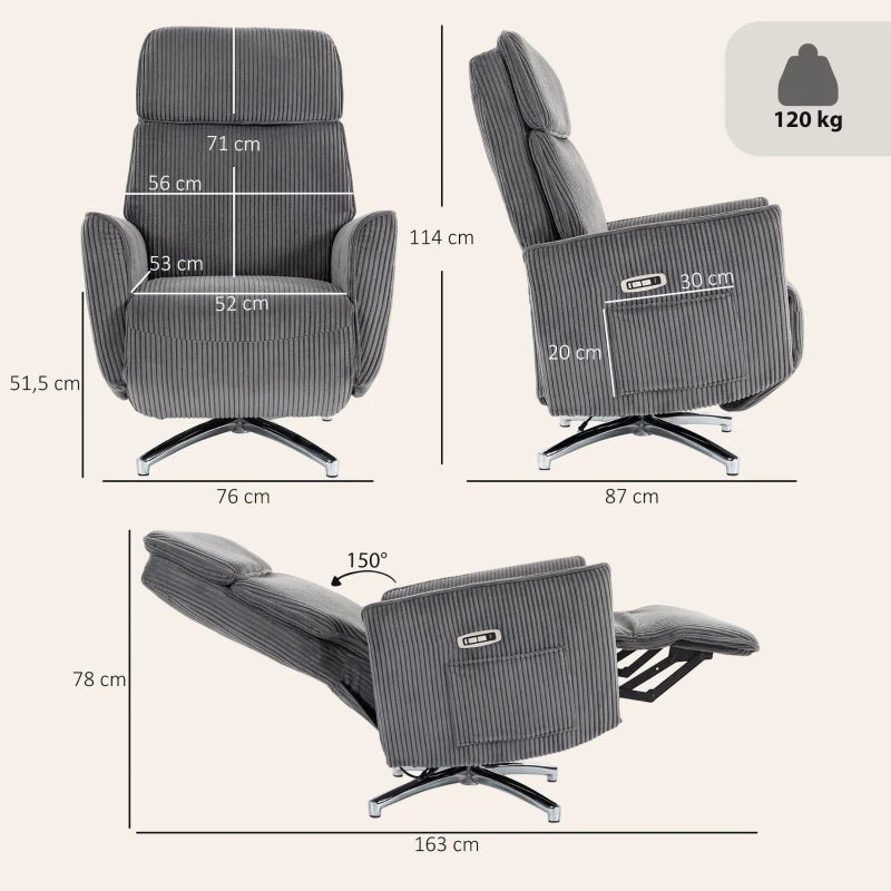Nancy's Tarzo Elektrische Fauteuil - Relaxfauteuil - Relaxstoel - Draaibaar - Donkergrijs / Zilver - Corduroy Look