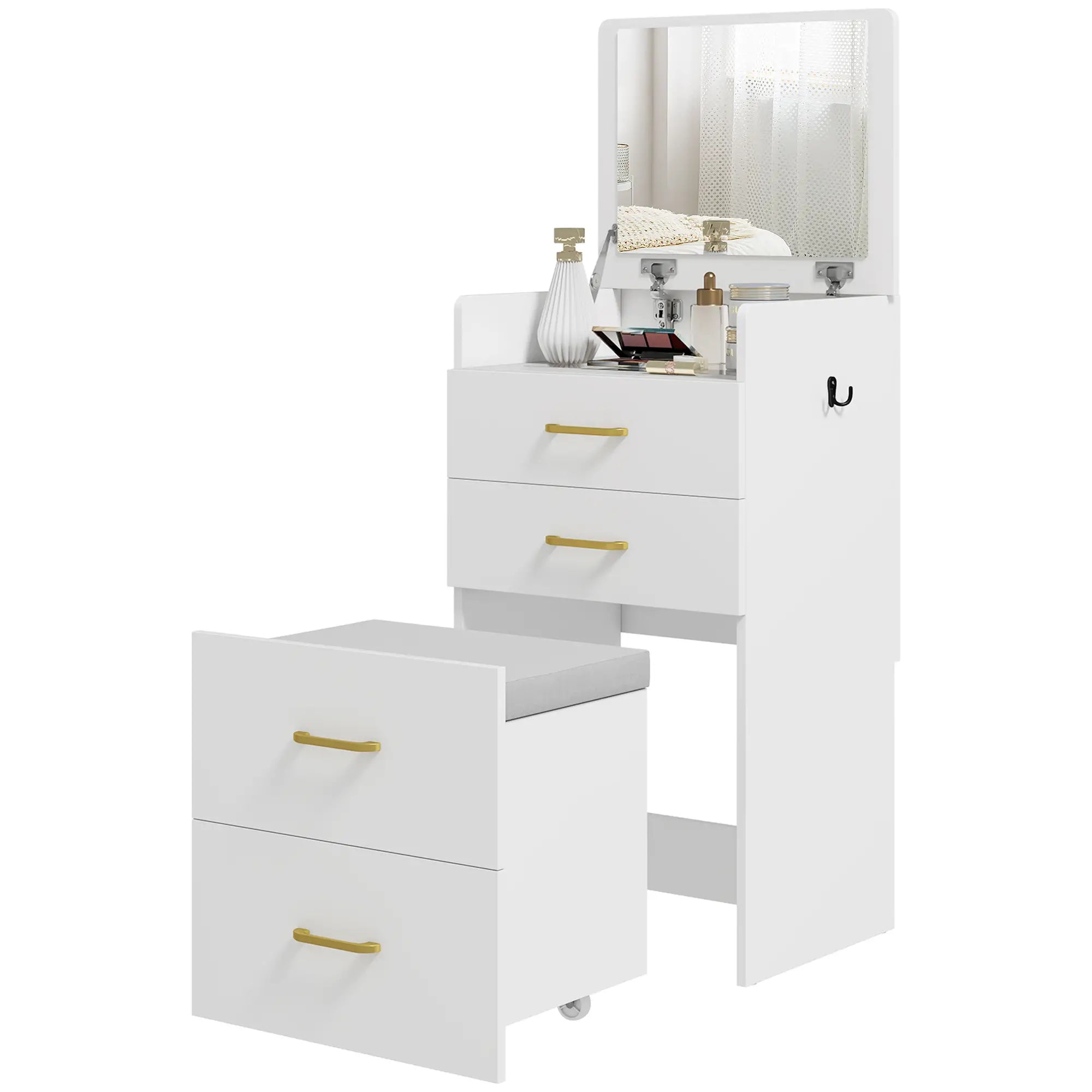 Nancy's Maniago Kaptafel - Make Up Tafel - Inclusief Kruk - Wit - ± 50 x 40 x 90 cm