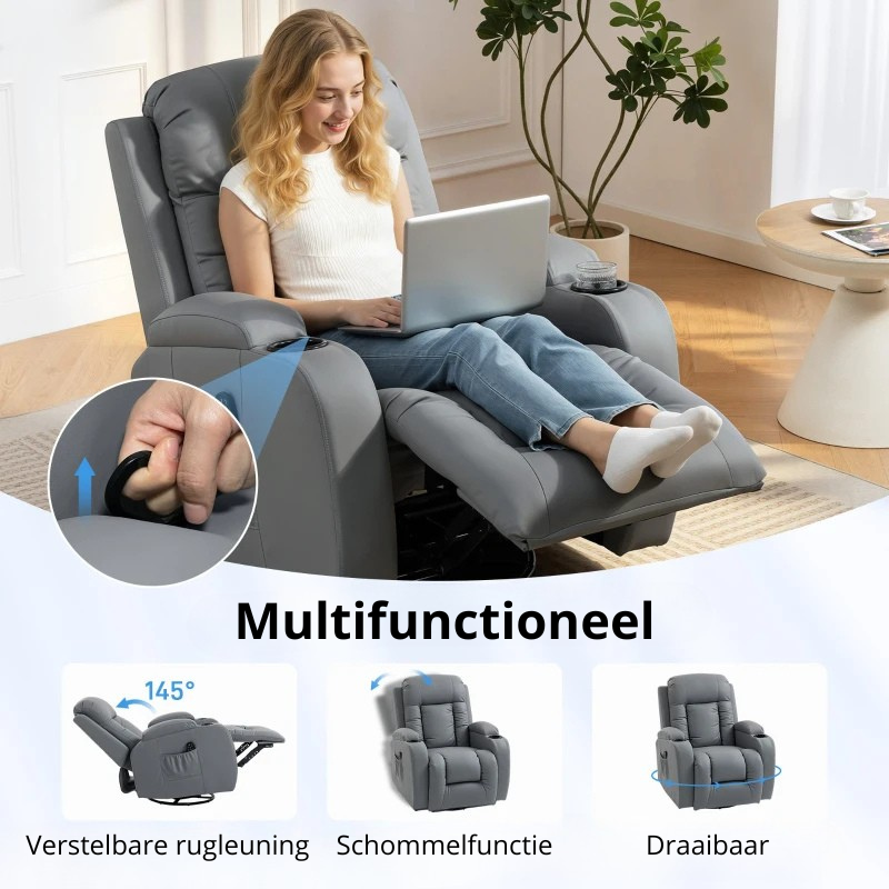 Nancy's Pollina Massagestoel - Relaxfauteuil met massagefunctie - Verwarmde massage - Schommel- en draaifunctie - Lichtgrijs - Kunstleer