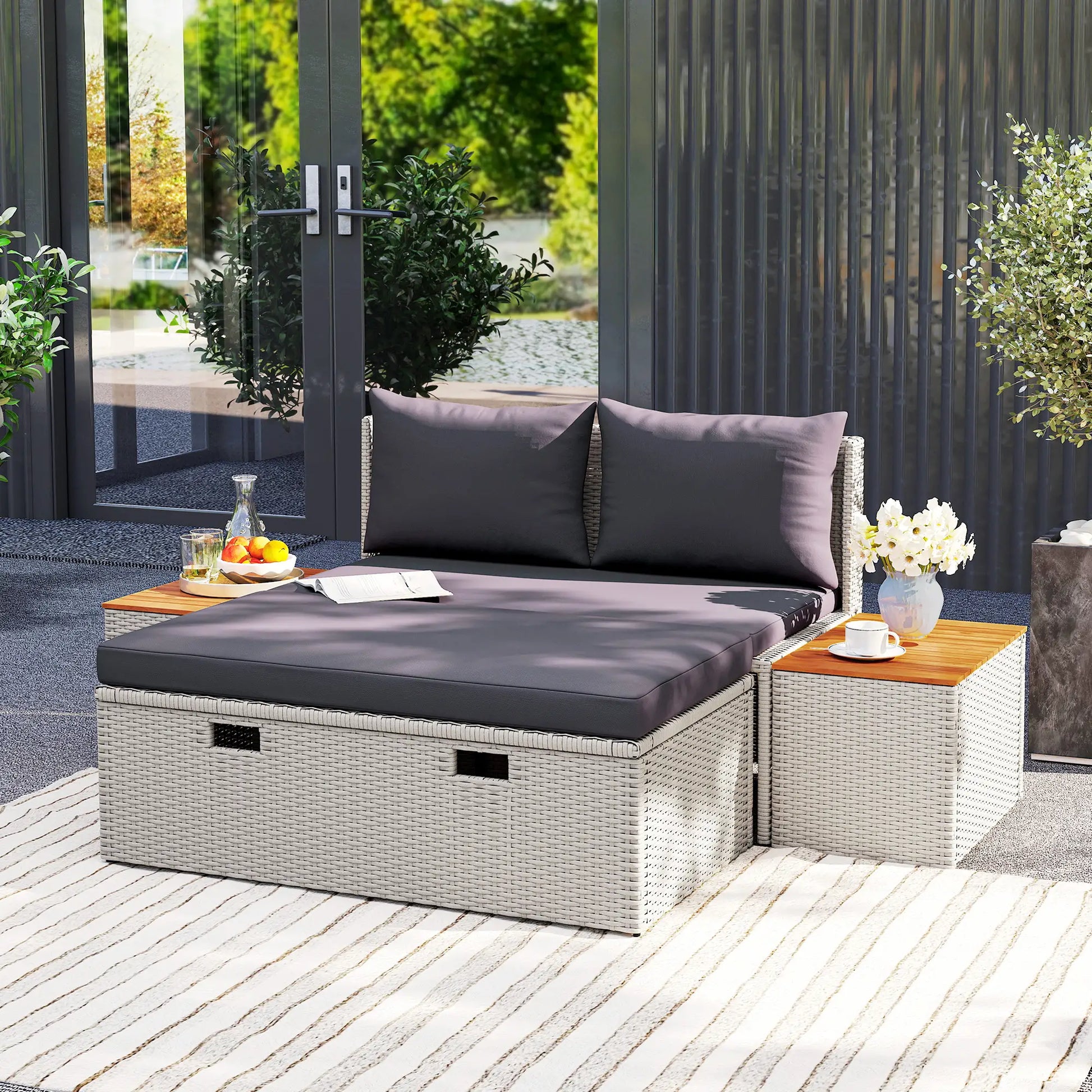 Nancy's Genazzano Loungebed - Ligbed - Tuinligstoel - Grijs - Acaciahout / Rotan