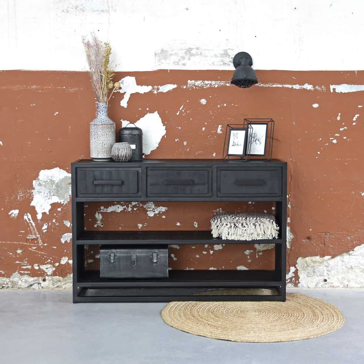 LABEL51 Sidetable Chili - Zwart Mangohout | Zwart Metaal - 115x30x75 cm