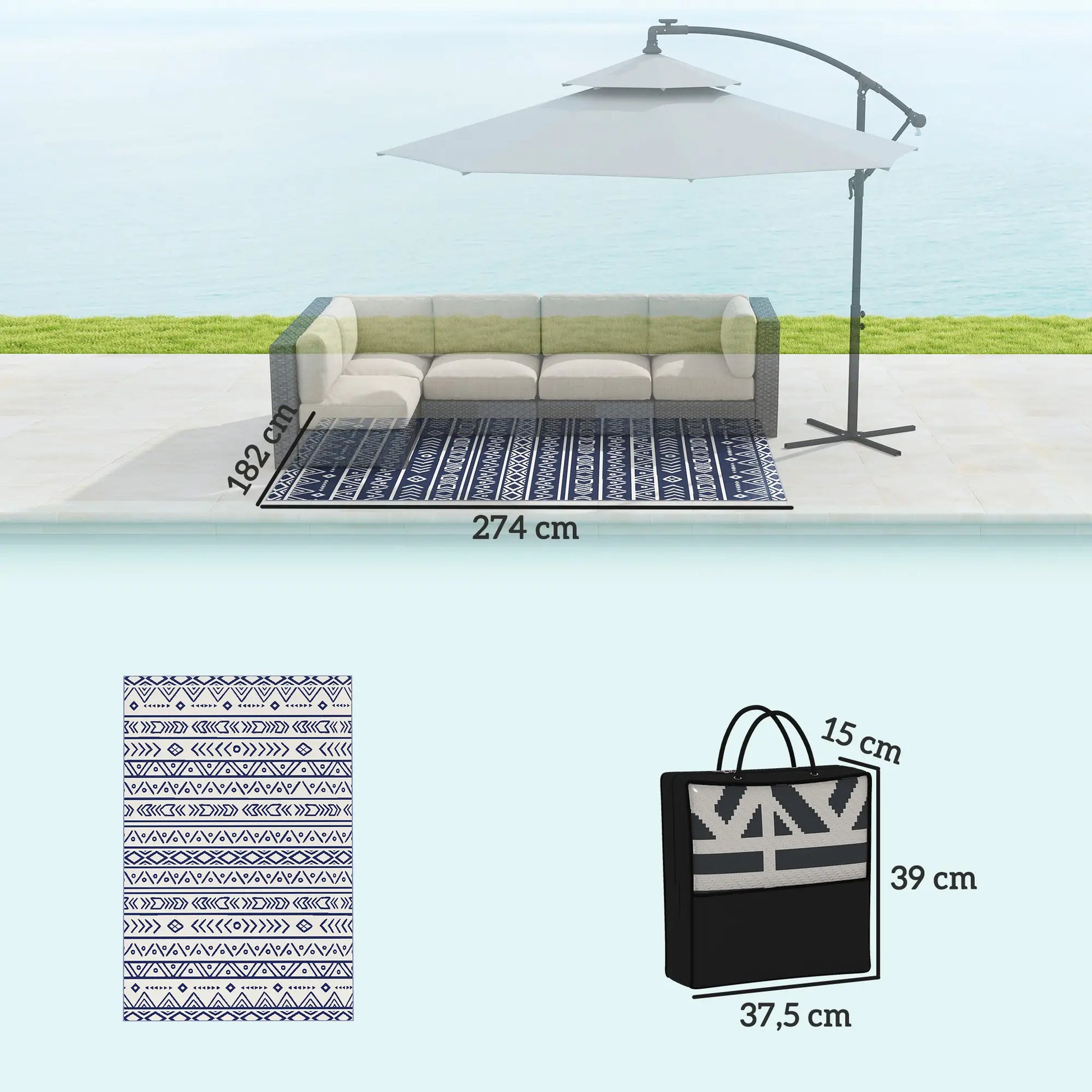 Nancy's Guimarei Buitenkleed - Buiten Tapijt - Buiten Vloerkleed - Tuinkleed - Dubbelzijdig - Blauw/Wit - ± 180 x 275 cm