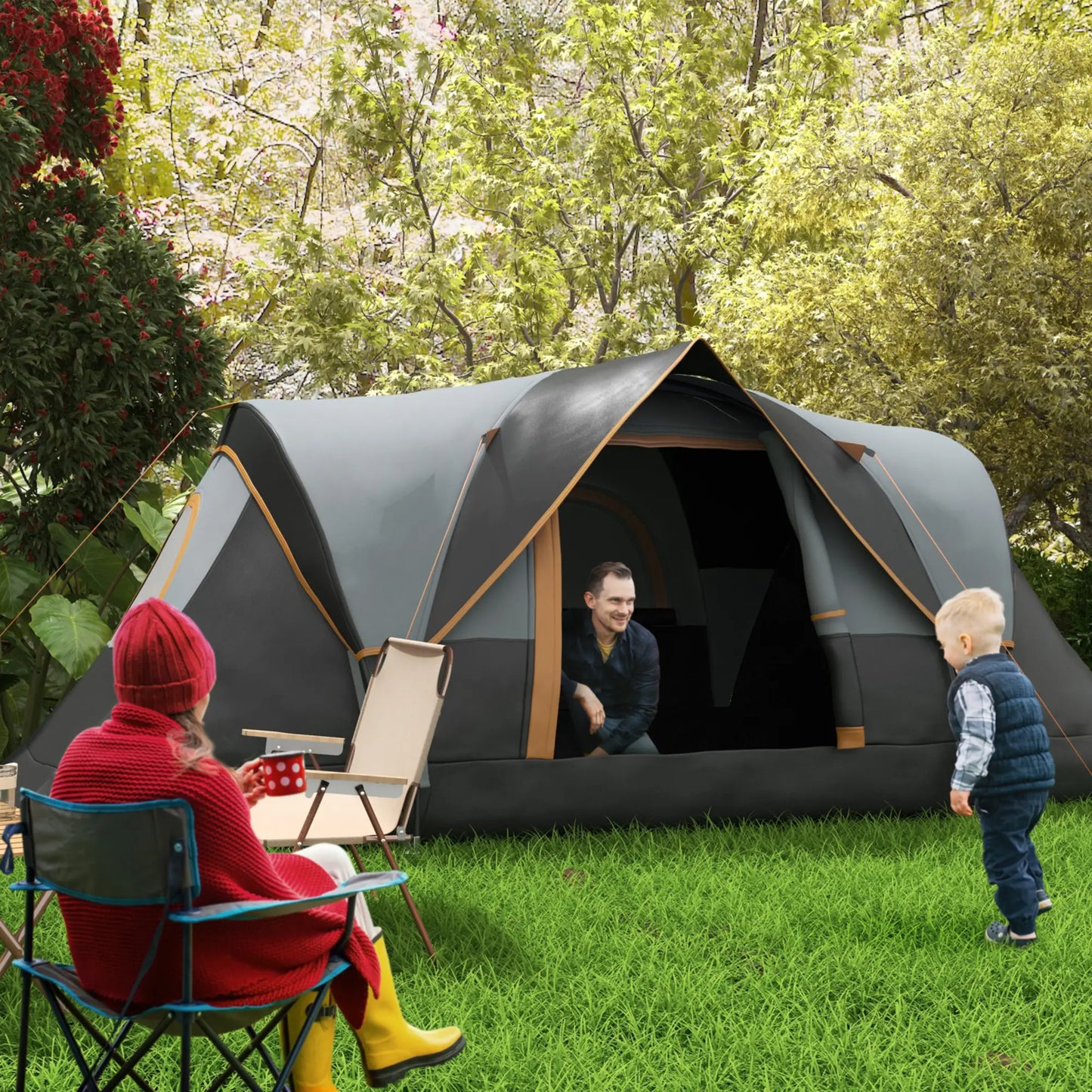 Nancy's Campli Kampeertent - Camping Tent - 5 tot 6 personen - Grijs / Zwart - 455 x 230 x 180 cm