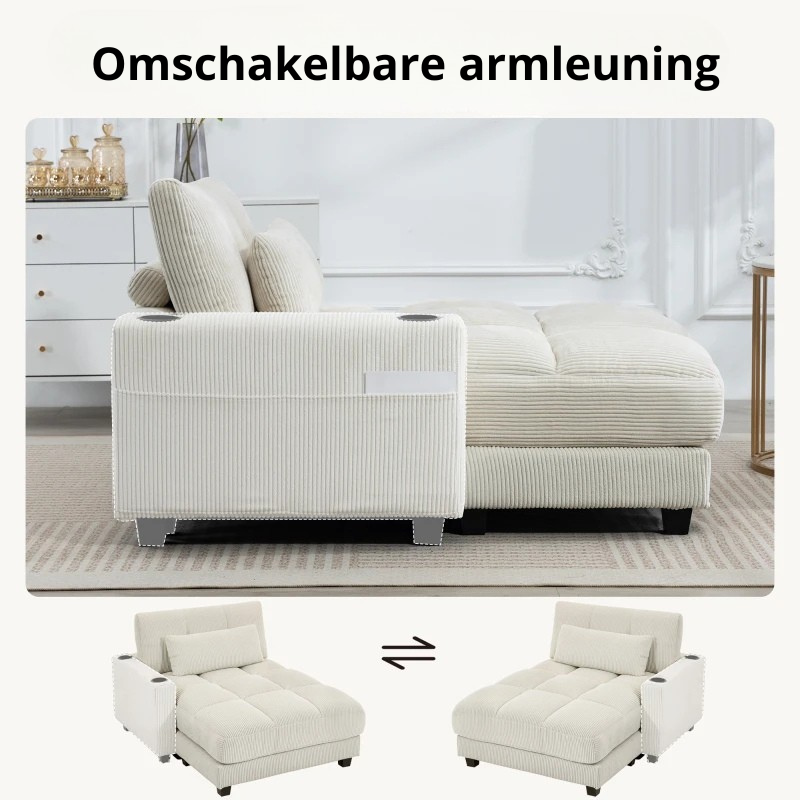 Nancy's Pedara Lounge Fauteuil - Relaxstoel - Loungestoel - Chaise Longue- Bekerhouders - Crèmewit - Corduroy