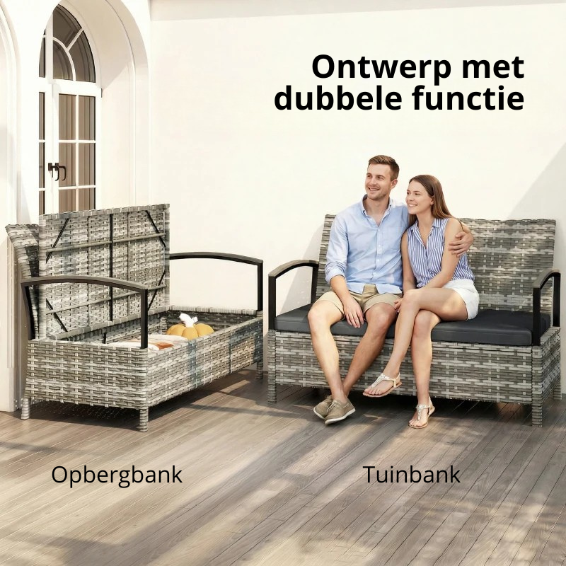 Nancy's Saludecio Tuinbank - Bank voor buiten - Opbergbank - Grijs - Rotan - ± 125 x 70 x 80 cm
